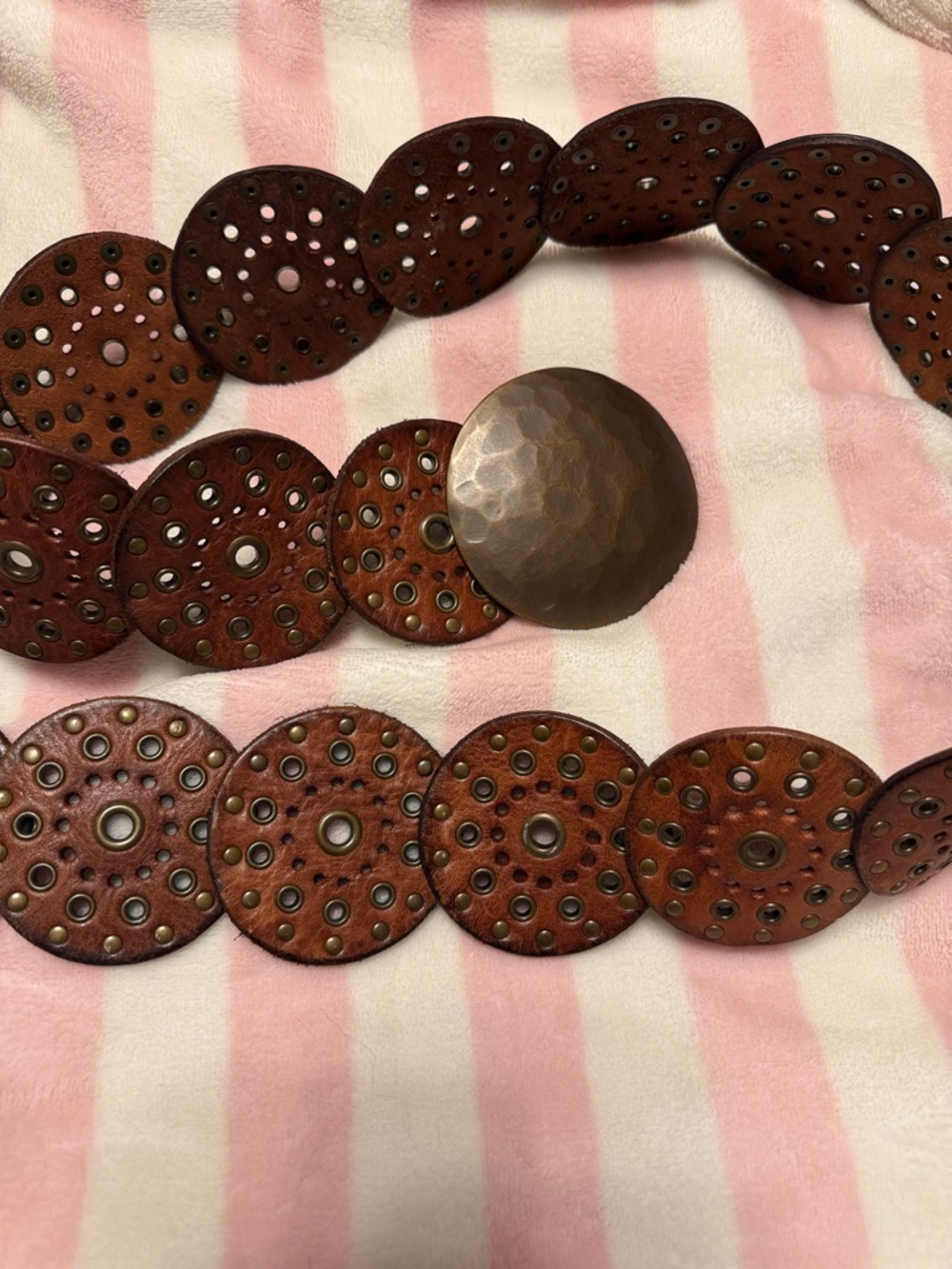 Handcrafted Brown Disc Stretch Belt with Hammered Metal Accent